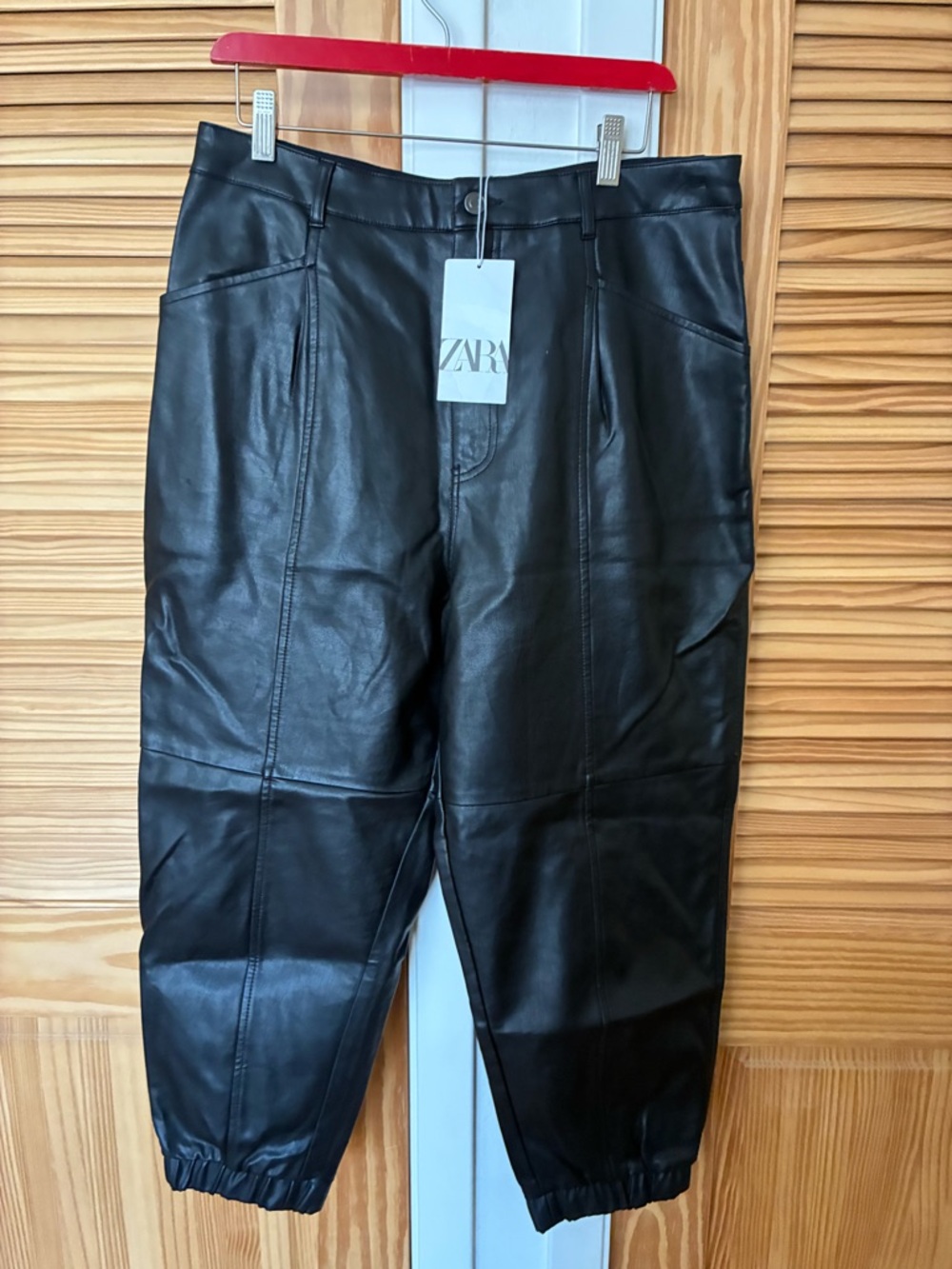 ZARA Black Faux Leather Pants with Front Button size 10
